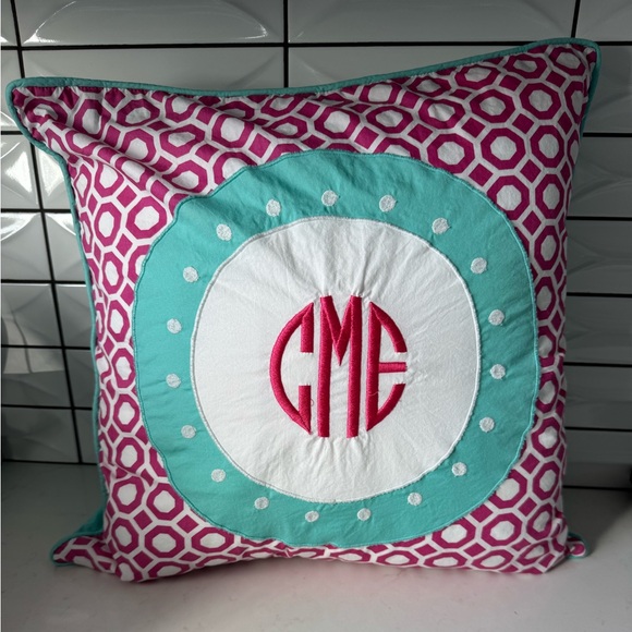 Pottery Barn Teen Pink and Teal Monogrammed Pillow - Picture 1 of 2